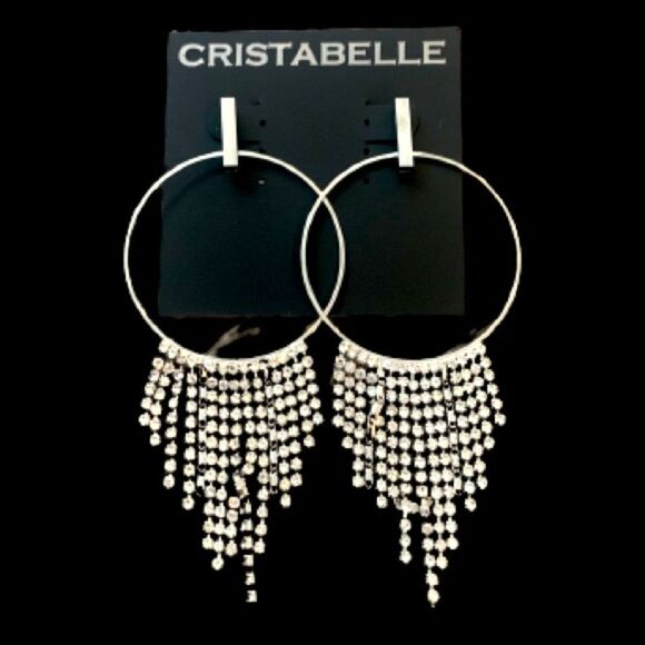 Cristabelle Art Deco Fringe Earrings – Silver Hoop & Rhinestone Drops - Picture 1 of 7
